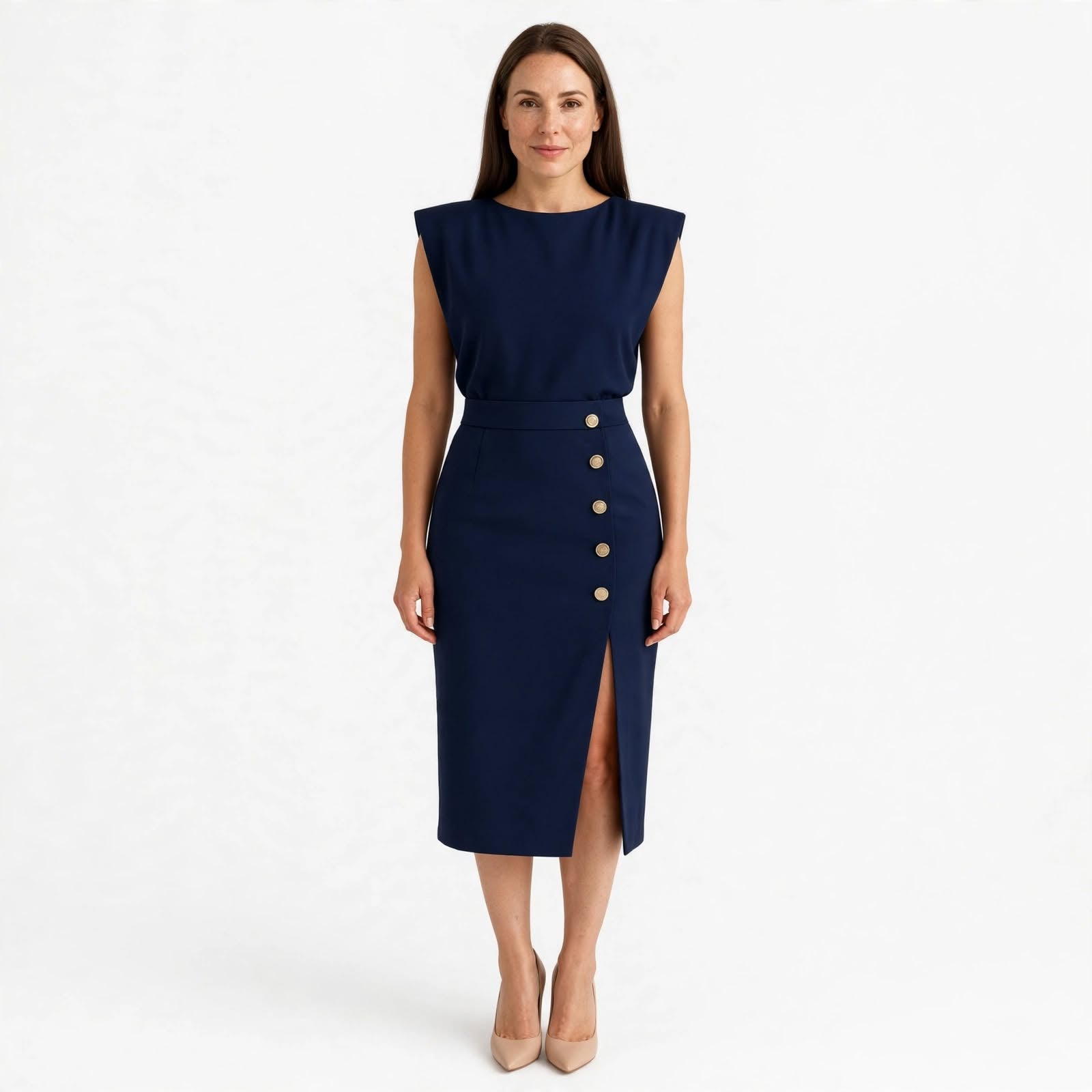 Rita Estton | Button Slit Sleeveless Midi Dress For Women