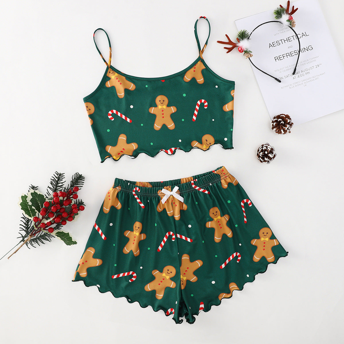Sugar Plum | Green Gingerbread Print Christmas Pyjamas For Women