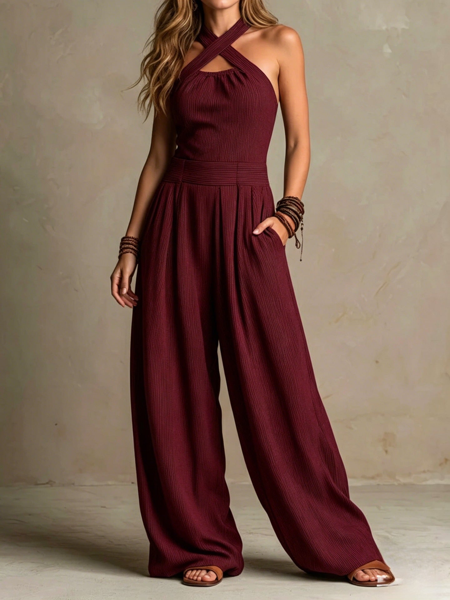 Cecilia Kelcombe | Charcoal Cross Halter Wide-Leg Jumpsuit For Women