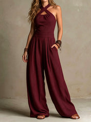 Cecilia Kelcombe | Charcoal Cross Halter Wide-Leg Jumpsuit For Women