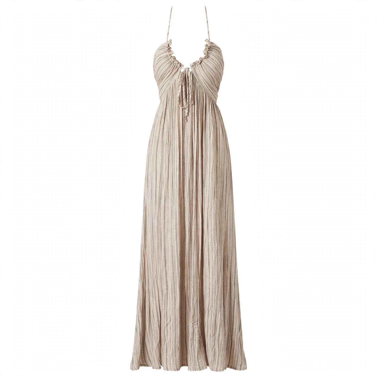 Charlotte Ainsley | Beige Pleated Halter Maxi Dress For Women
