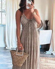 Charlotte Ainsley | Beige Pleated Halter Maxi Dress For Women