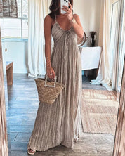 Charlotte Ainsley | Beige Pleated Halter Maxi Dress For Women