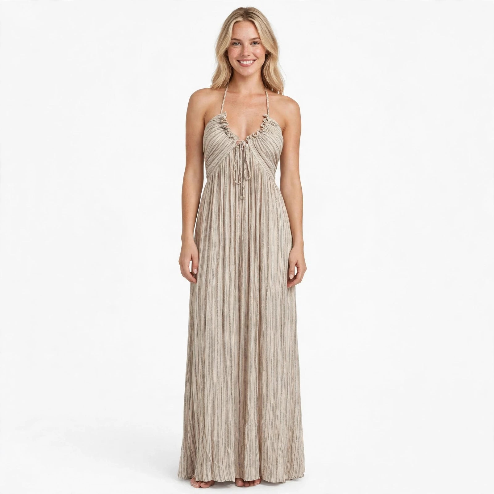 Charlotte Ainsley | Beige Pleated Halter Maxi Dress For Women