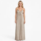 Charlotte Ainsley | Beige Pleated Halter Maxi Dress For Women