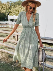 Clara Pennington | Striped V-Neck Summer Dress