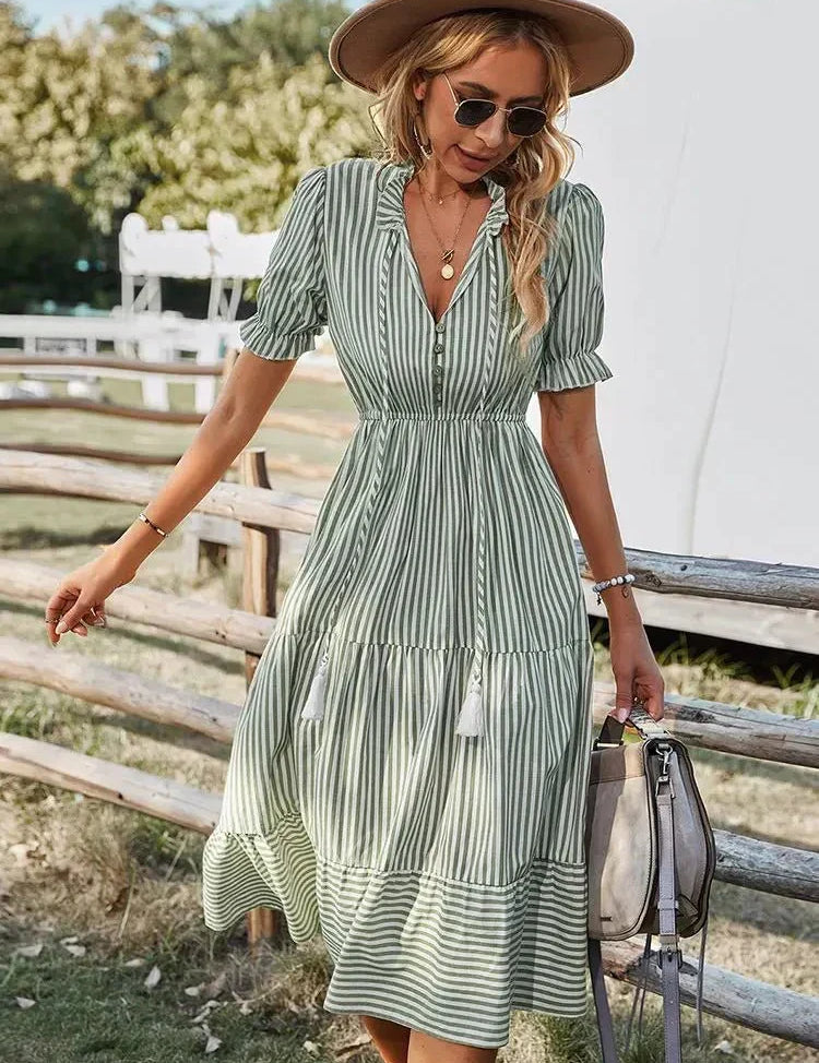 Clara Pennington | Striped V-Neck Summer Dress