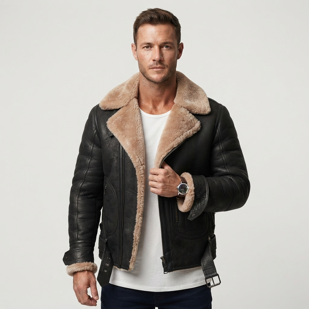 Connor Reid | Sherpa-Lined Leather Biker Jacket For Men