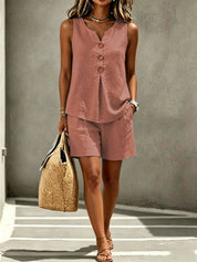 Miriam Kilmere | Linen-Look Button Tank & Shorts Set For Women