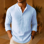 Nico Glenhurst | Sky Blue Linen Look Band Collar Shirt For Men