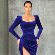 Gwyneth Edgcombe | Black Velvet Square Neck Formal Dress For Women