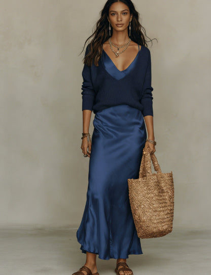 Harper Collins | Satin Maxi Skirt & Knit Sweater Set For Women