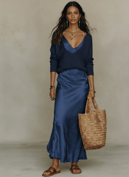 Harper Collins | Satin Maxi Skirt & Knit Sweater Set For Women