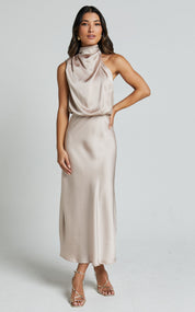 Diletta Ostmore | Draped Halter Neck Satin-Look Maxi Dress For Women