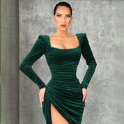 Gwyneth Edgcombe | Black Velvet Square Neck Formal Dress For Women