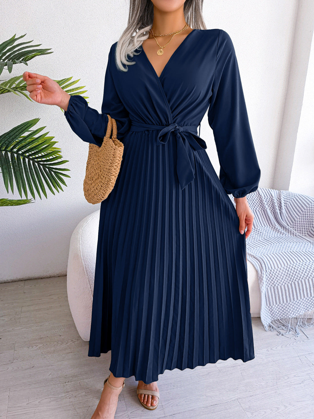 Manuela Salbrook | Wrap V-Neck Pleated Chiffon Maxi Dress For Women