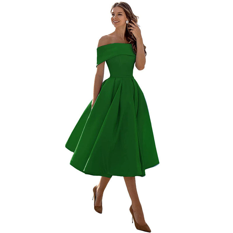 Phoebe Walker | Off-Shoulder Tea Length Satin Dress For Women