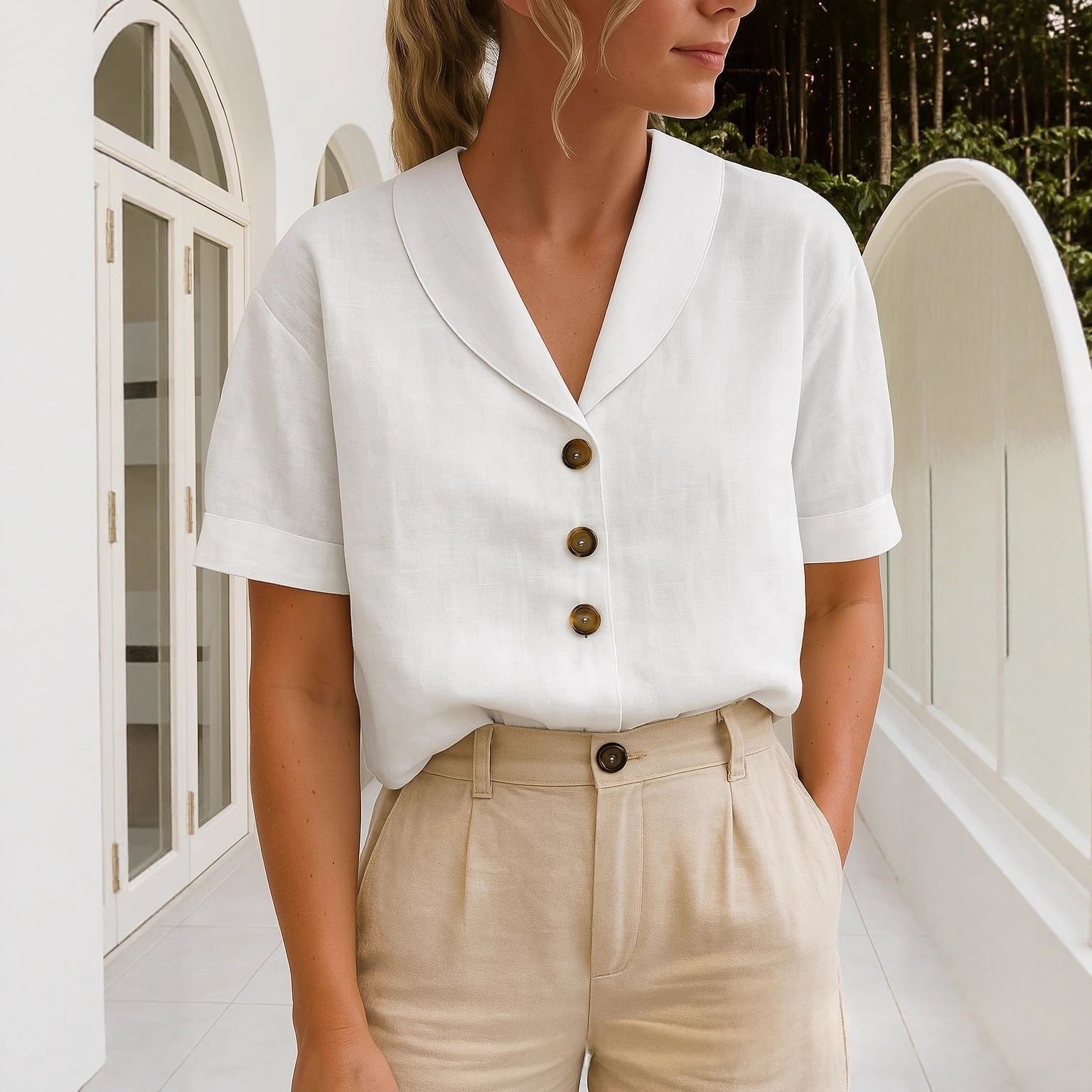Ines Corholt | Linen-Look Shawl Collar Button Front Top For Women