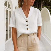 Ines Corholt | Linen-Look Shawl Collar Button Front Top For Women