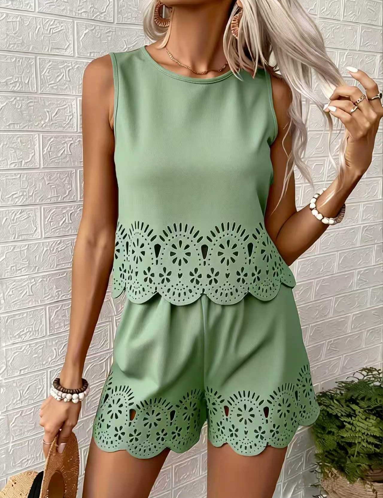Amelia Rafferty | Eyelet Scallop Crop Tank & Shorts Set For Women — Butter Yellow