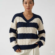 Women's Striped Cable Knit Sweater — Cosy Winter Jumper