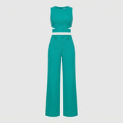 Olivia Strand | Teal Crop Top And Wide Leg Pants Set For Women