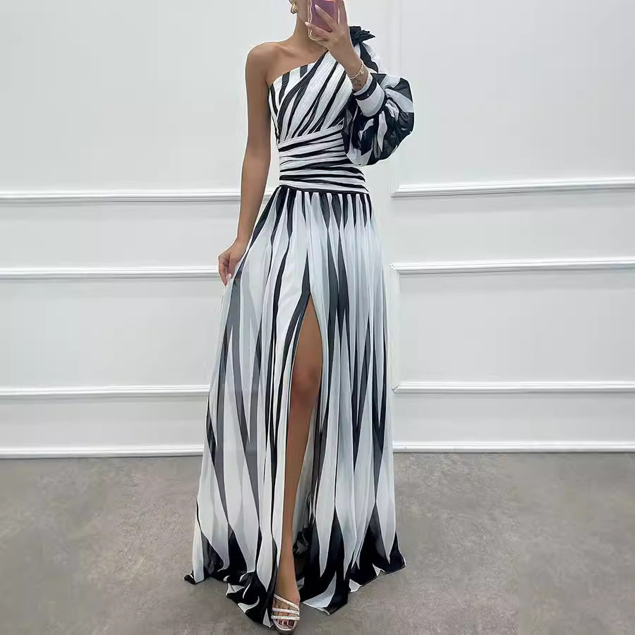 Viviana Aldmere | Striped One-Shoulder Slit Maxi Dress For Women