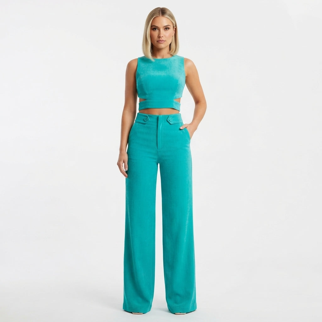 Olivia Strand | Teal Crop Top And Wide Leg Pants Set For Women