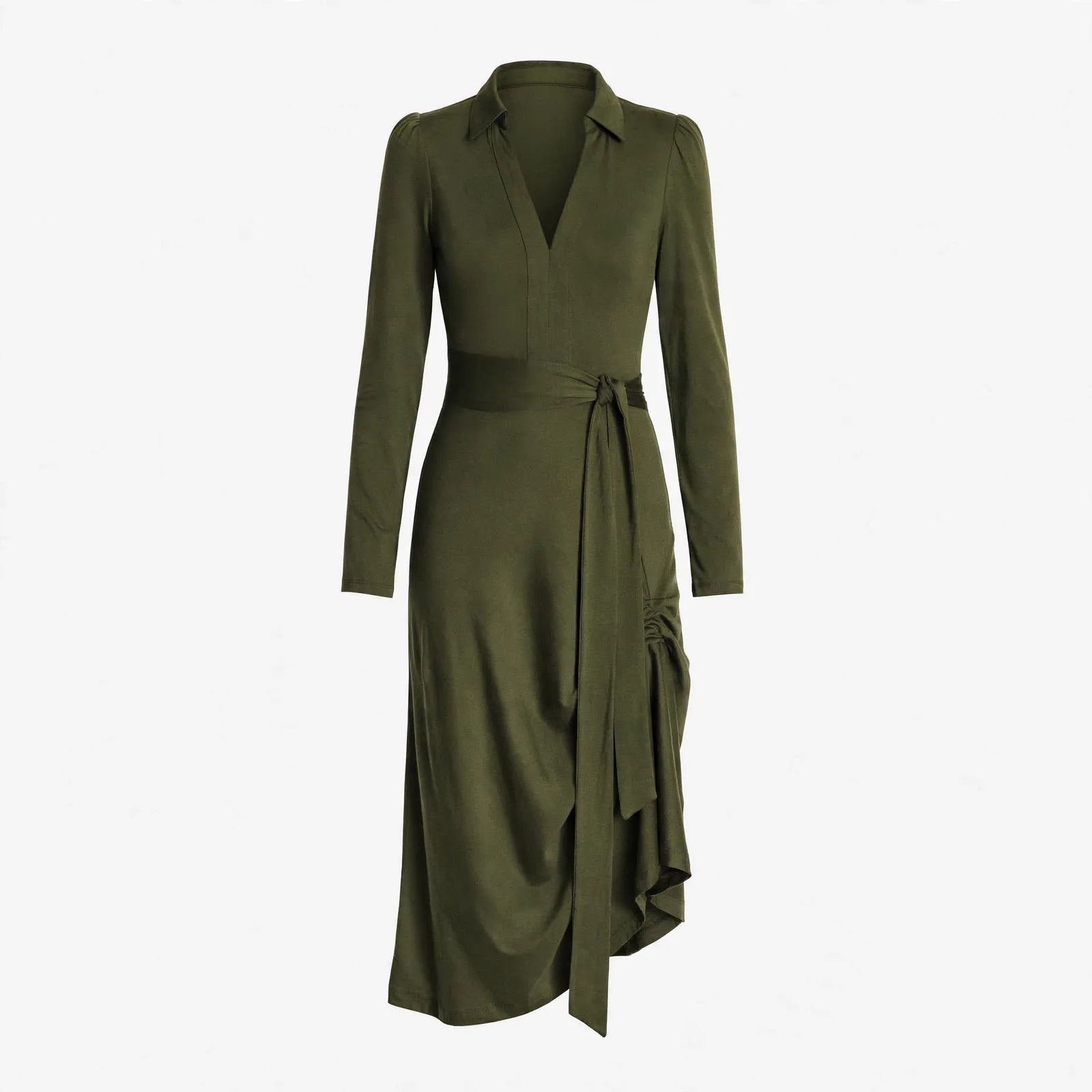 Fion Fairford | Army Green Belted Wrap Midi Dress For Women