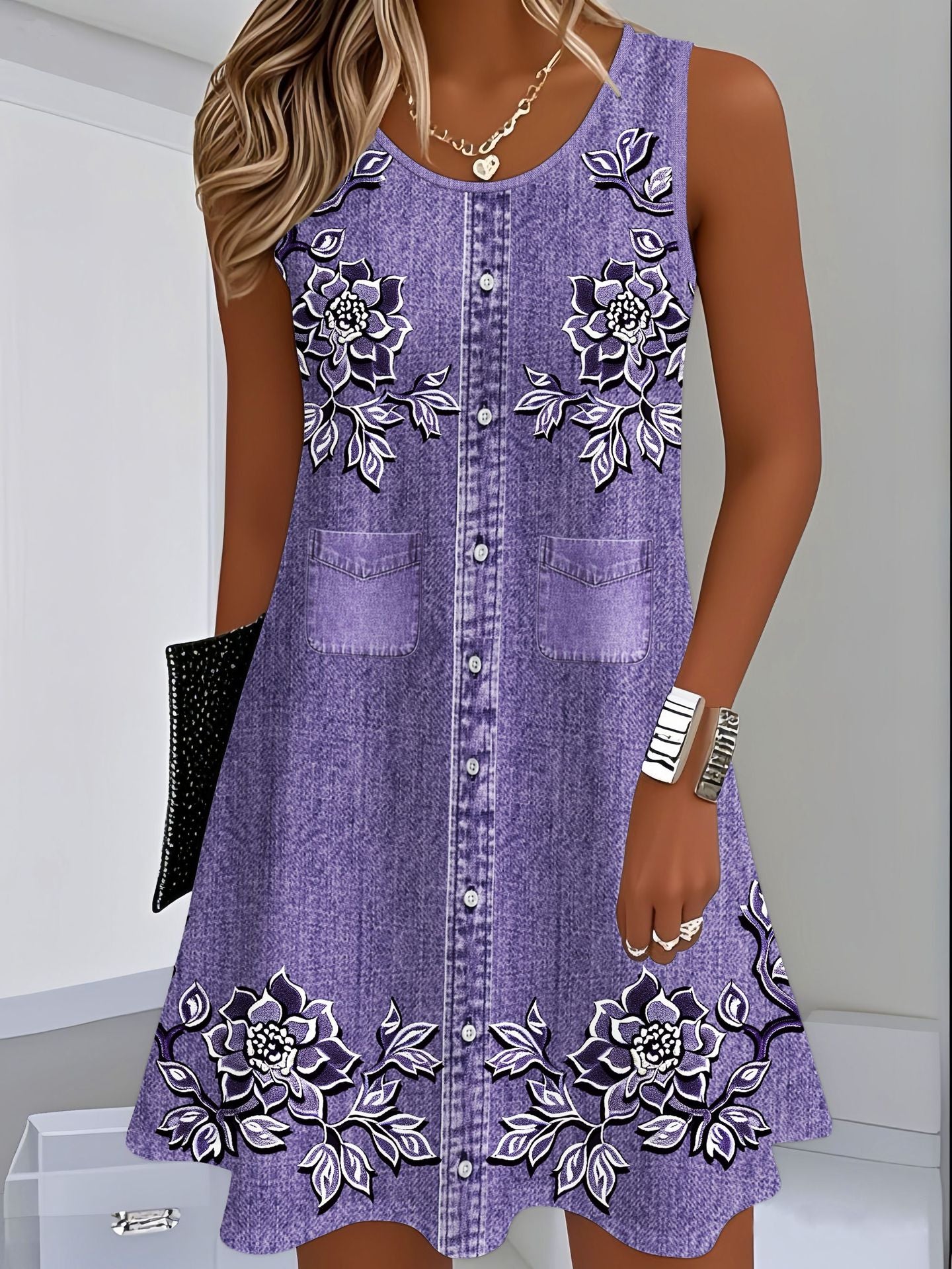 Scarlett Barnes | Denim Floral Print Midi Dress For Women