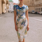 Ava Brown | Floral Cowl Neck Bodycon Midi Dress For Women
