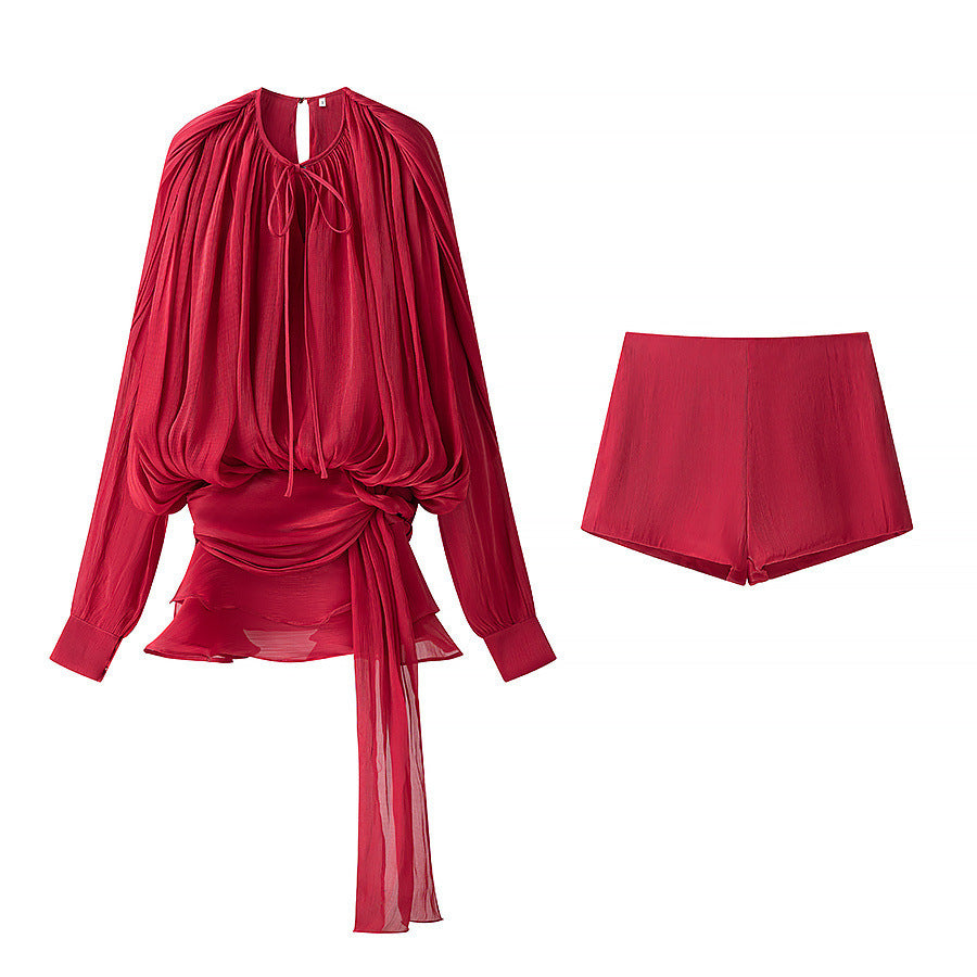 Alba Thornworth | Sheer Ruffle Blouse & Shorts Set For Women