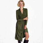 Fion Fairford | Army Green Belted Wrap Midi Dress For Women