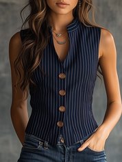 Rosalie Kendrick | Striped Henley Tank With Vintage Buttons For Women