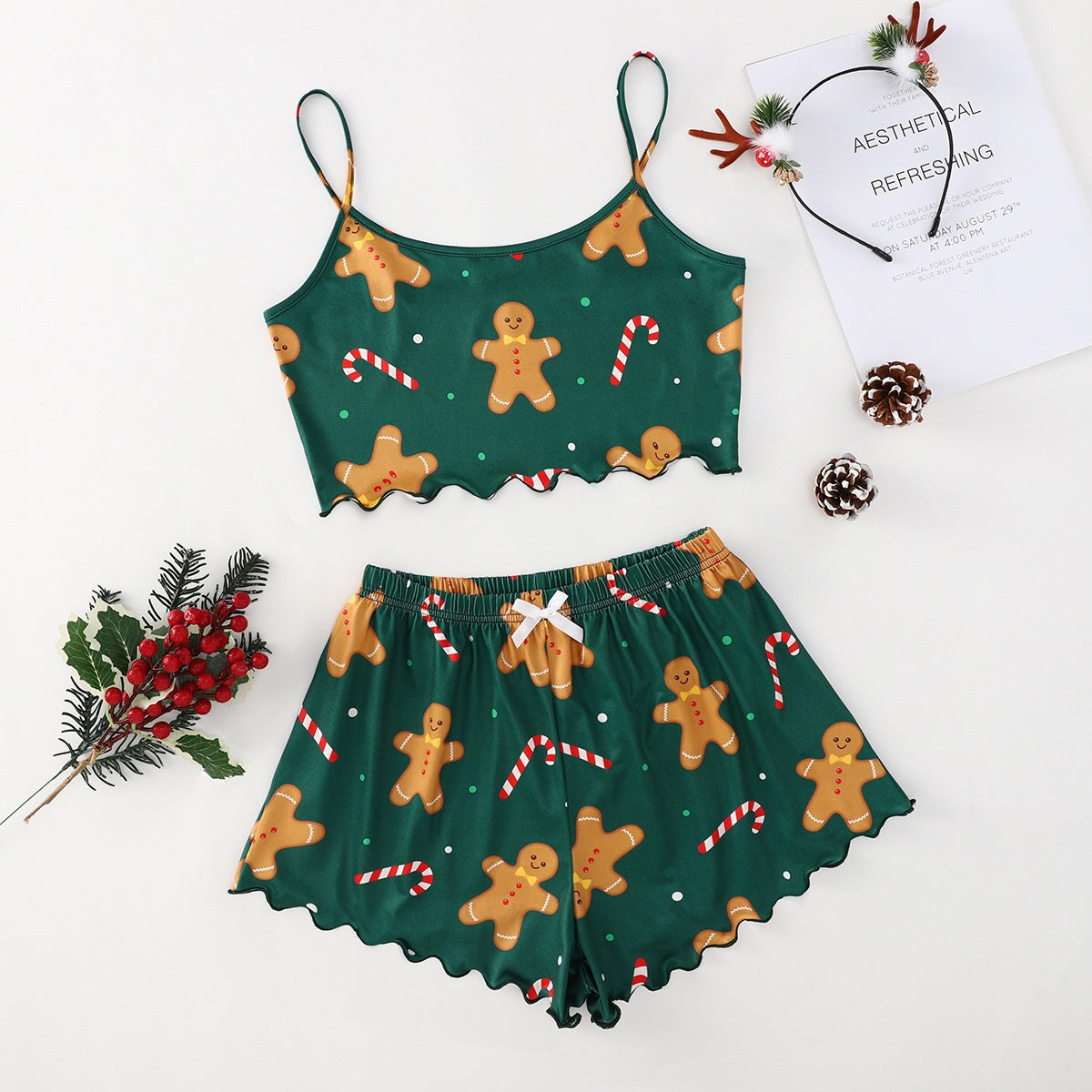Sugar Plum | Green Gingerbread Print Christmas Pyjamas For Women