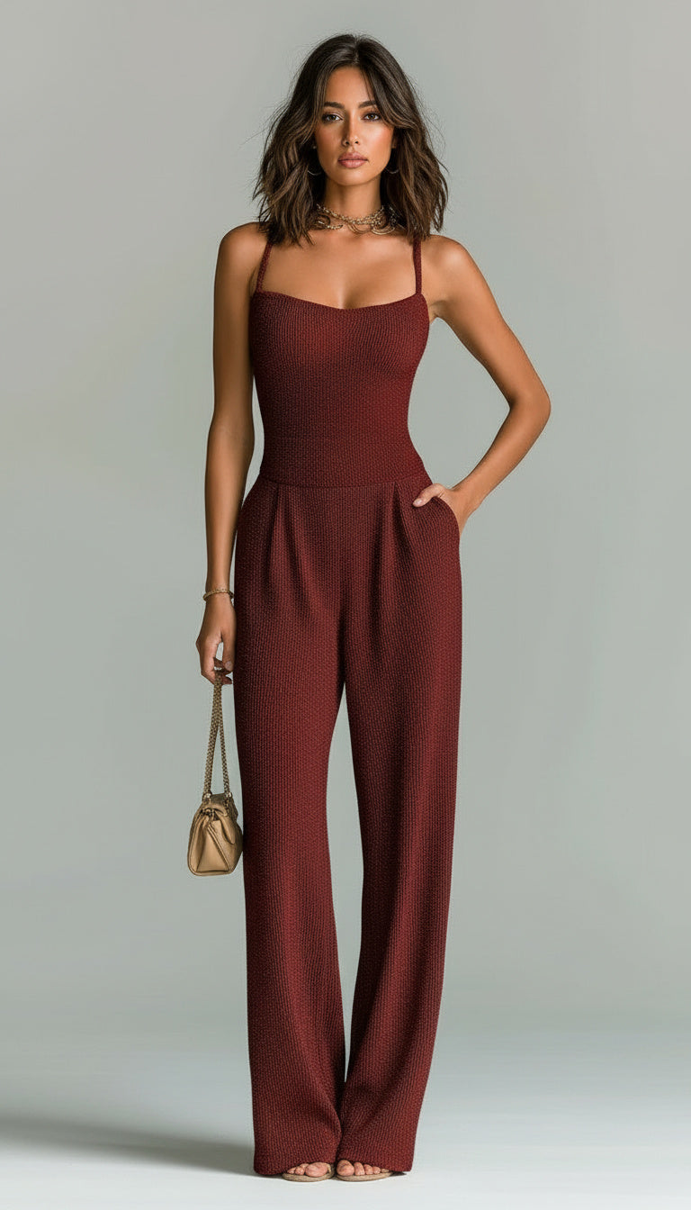 Daria Presmore | Camel Ribbed Knit Wide Leg Cami Jumpsuit For Women