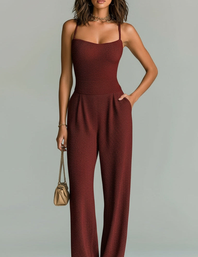 Daria Presmore | Camel Ribbed Knit Wide Leg Cami Jumpsuit For Women