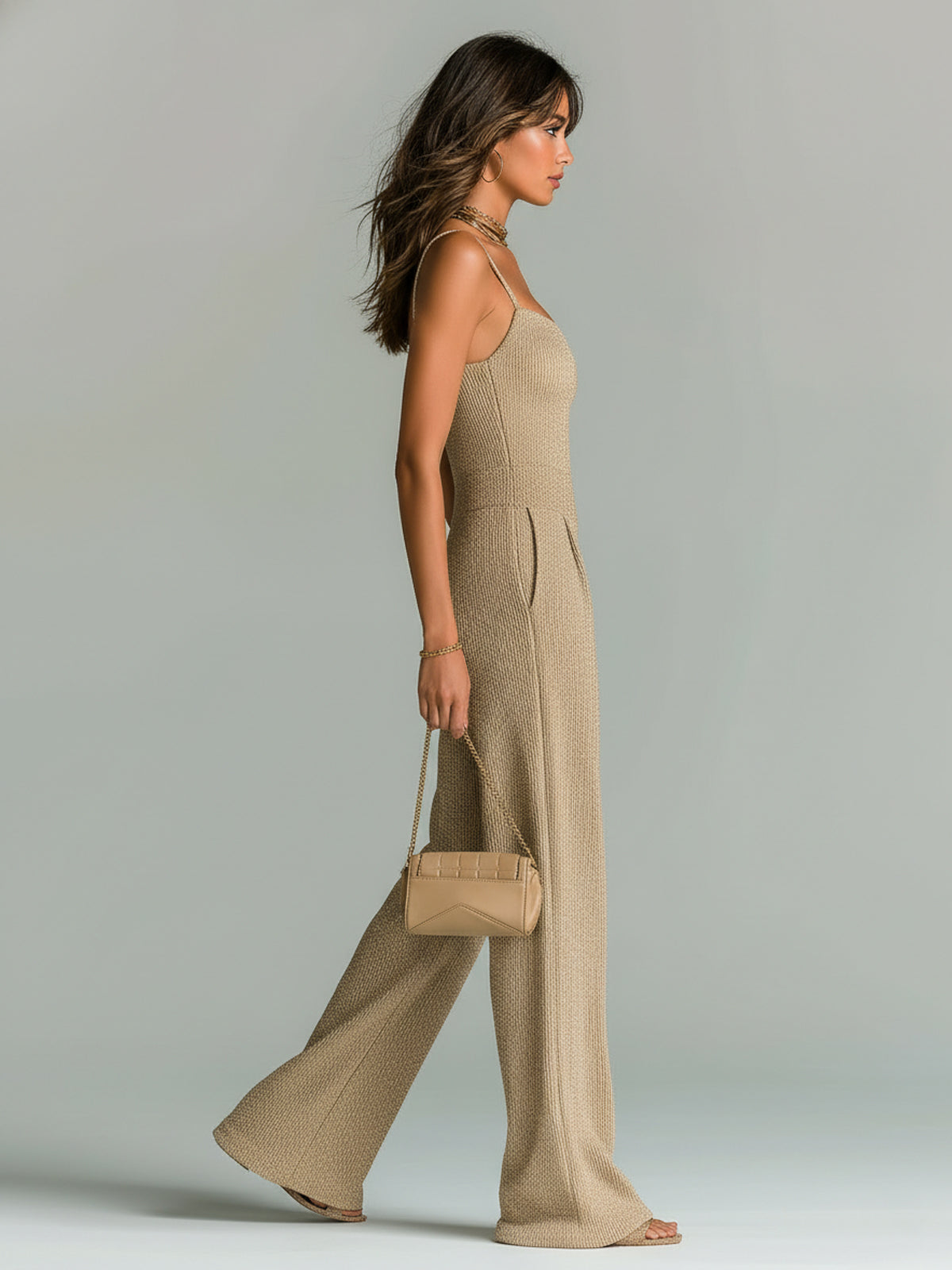 Daria Presmore | Camel Ribbed Knit Wide Leg Cami Jumpsuit For Women