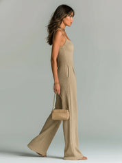 Daria Presmore | Camel Ribbed Knit Wide Leg Cami Jumpsuit For Women