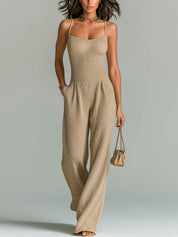 Daria Presmore | Camel Ribbed Knit Wide Leg Cami Jumpsuit For Women