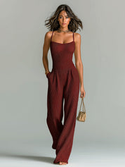 Daria Presmore | Camel Ribbed Knit Wide Leg Cami Jumpsuit For Women