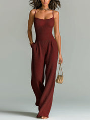 Daria Presmore | Camel Ribbed Knit Wide Leg Cami Jumpsuit For Women