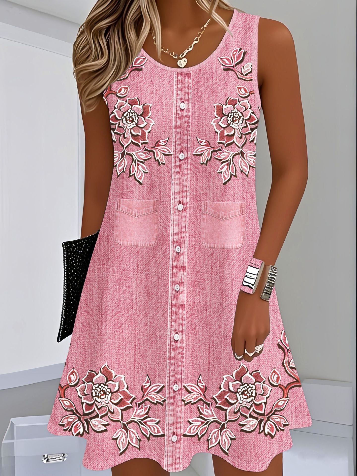 Scarlett Barnes | Denim Floral Print Midi Dress For Women