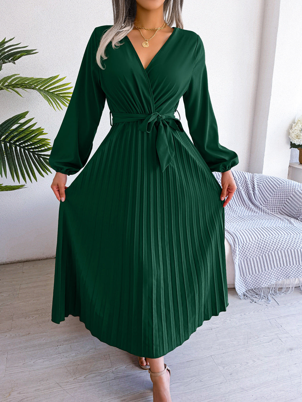 Manuela Salbrook | Wrap V-Neck Pleated Chiffon Maxi Dress For Women