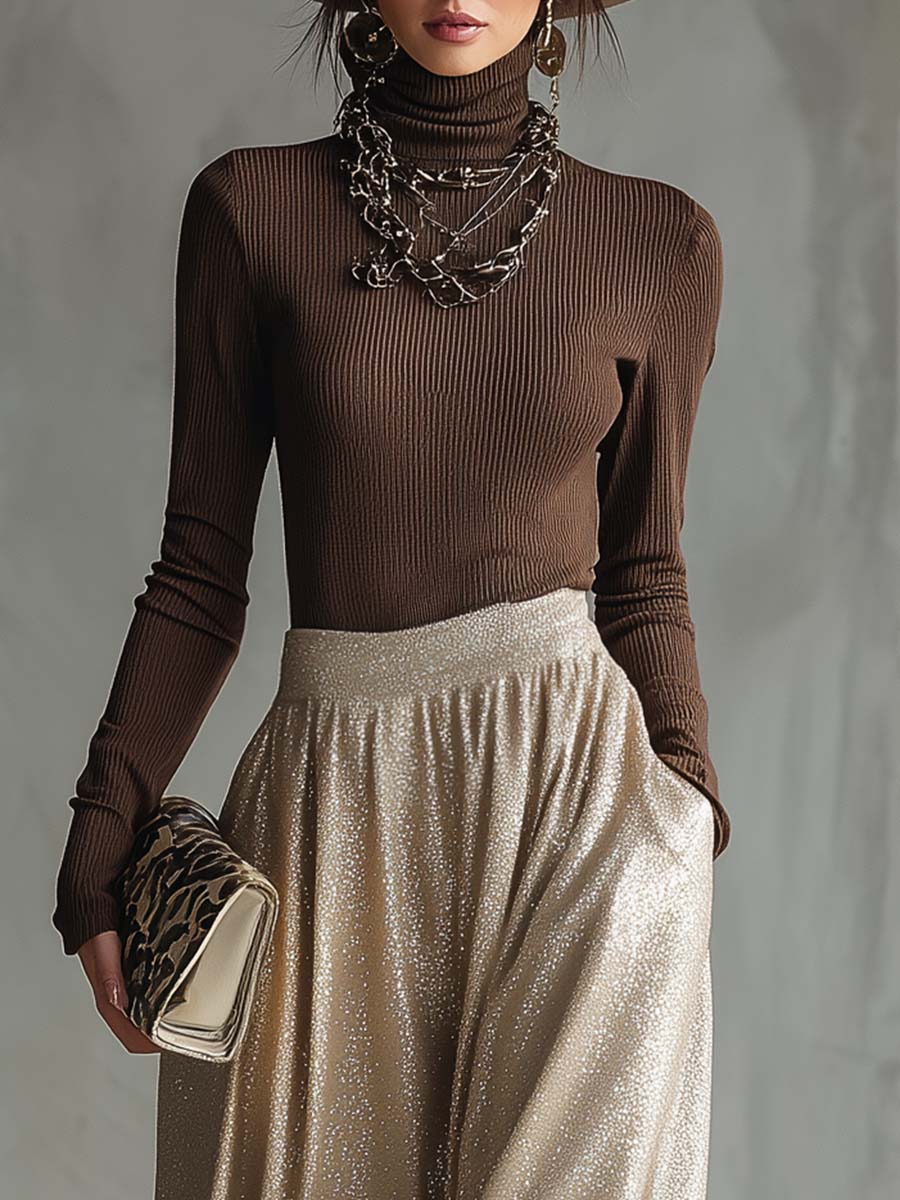 Imogen Pratt | Ribbed Knit Top & Shimmer Skirt Set For Women