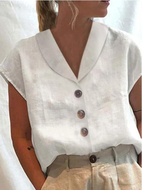 Ines Corholt | Linen-Look Shawl Collar Button Front Top For Women
