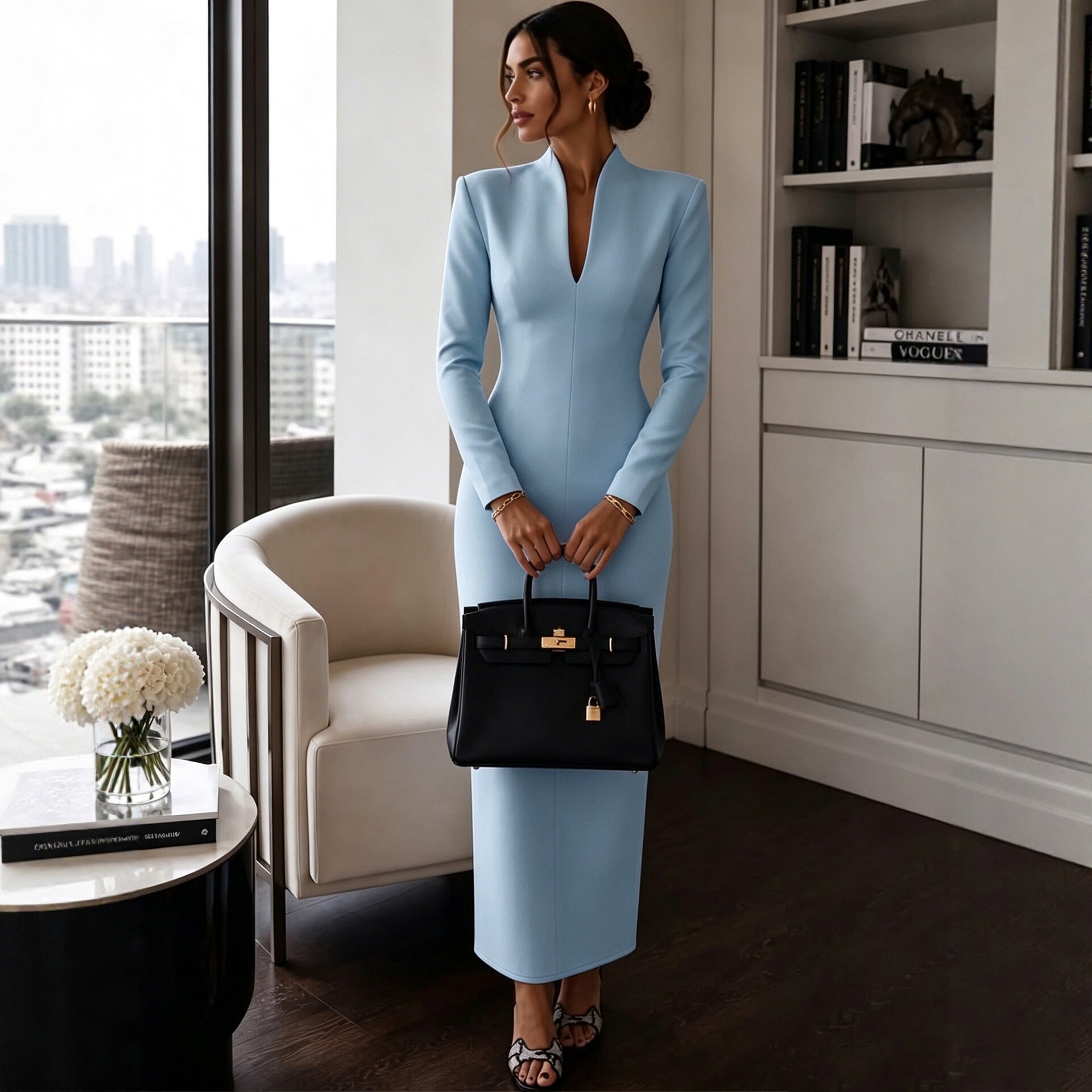 Gwendolen Whitwood | White Stand Collar Bodycon Midi Dress For Women
