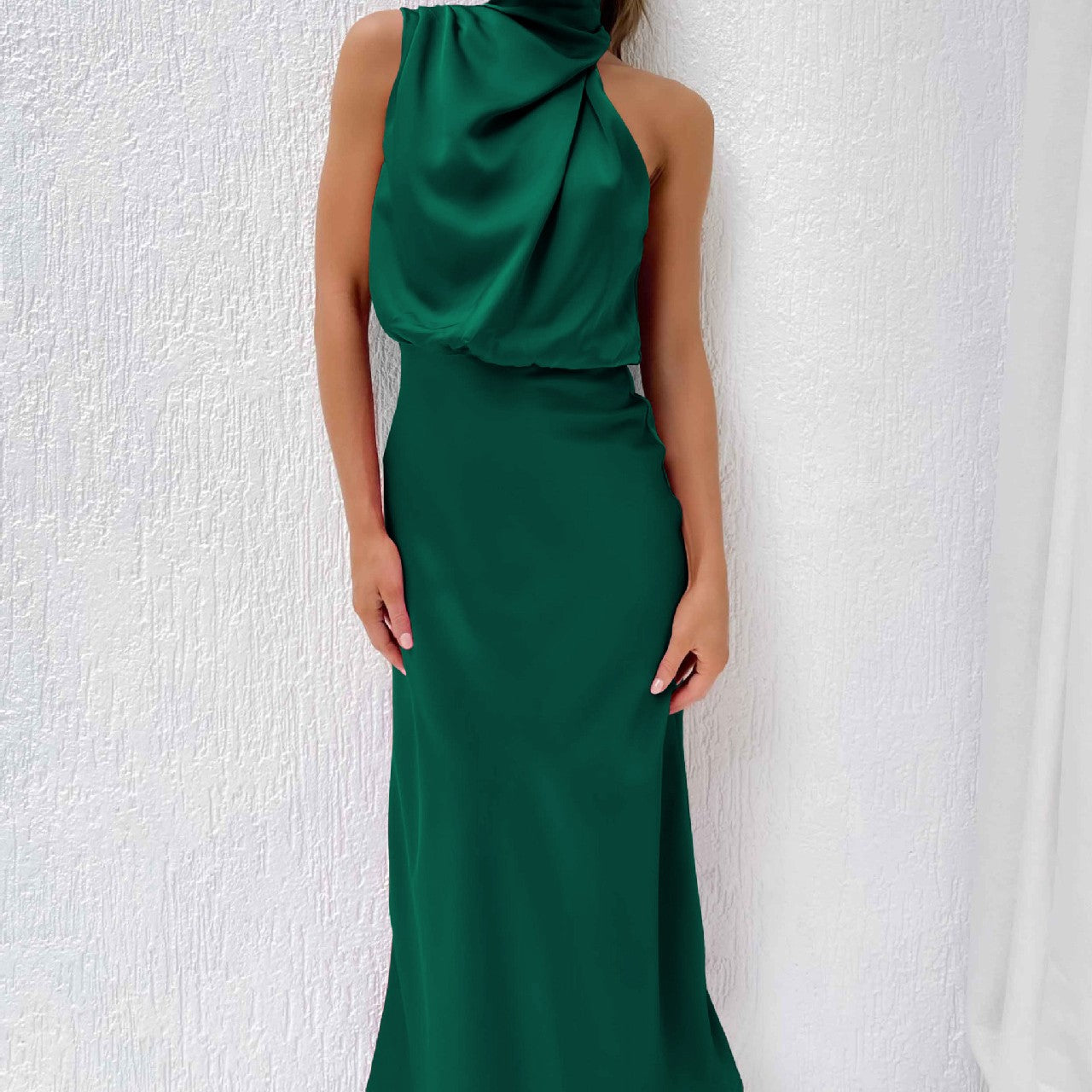 Diletta Ostmore | Draped Halter Neck Satin-Look Maxi Dress For Women