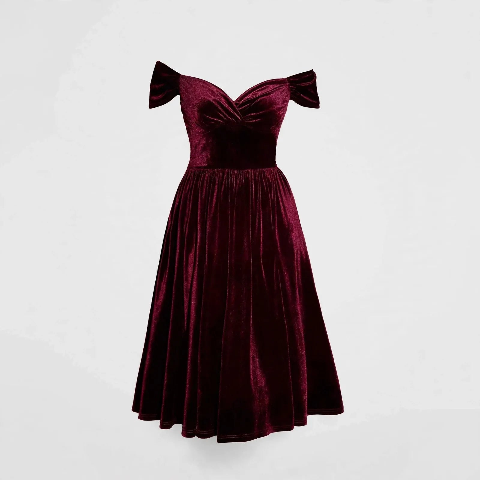 Greer Elmham | Wine Red Velvet Off Shoulder Cocktail Dress For Women