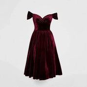 Greer Elmham | Wine Red Velvet Off Shoulder Cocktail Dress For Women